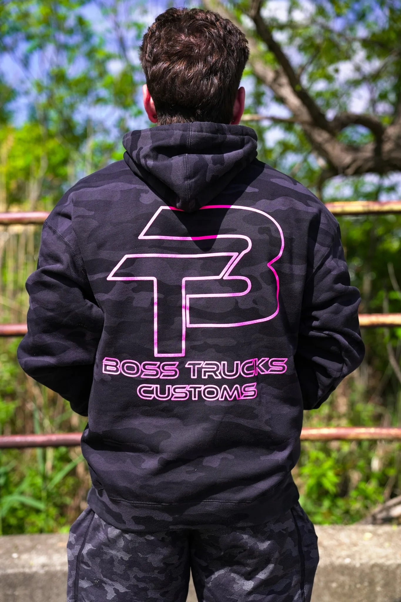 Black Camo BTC Hoodie with hot pink logo